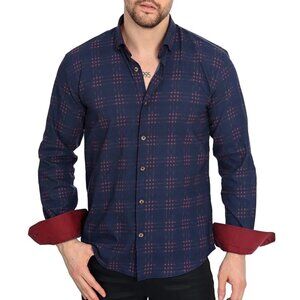 Mizumi Navy/Burgundy Plaid Long Sleeve Button Up Shirt